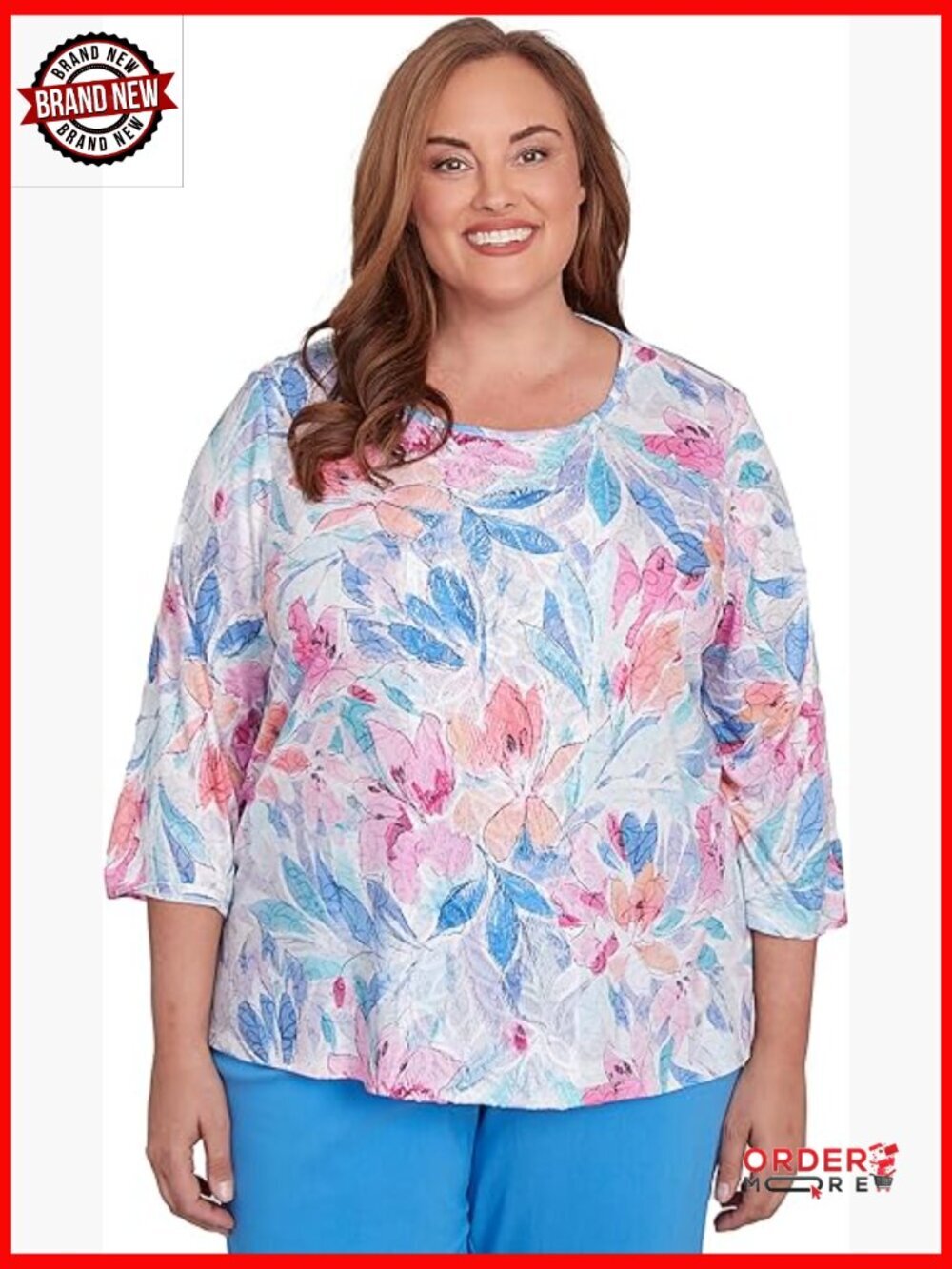 Floral Spray Crewneck Top with Three-Quarter Sleeves